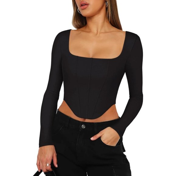Reoria Womens Sexy Square Neck Long Sleeve Backless Y2k Going Out Crop Tops - Picture 4 of 6